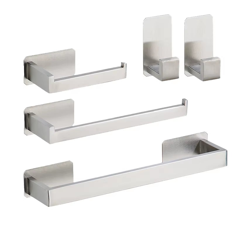 Self-Adhesive Silver Bathroom Hardware Kit Stainless Steel Toilet Paper Holder Towel Bar Towel Holder Hook Bathroom Accessories