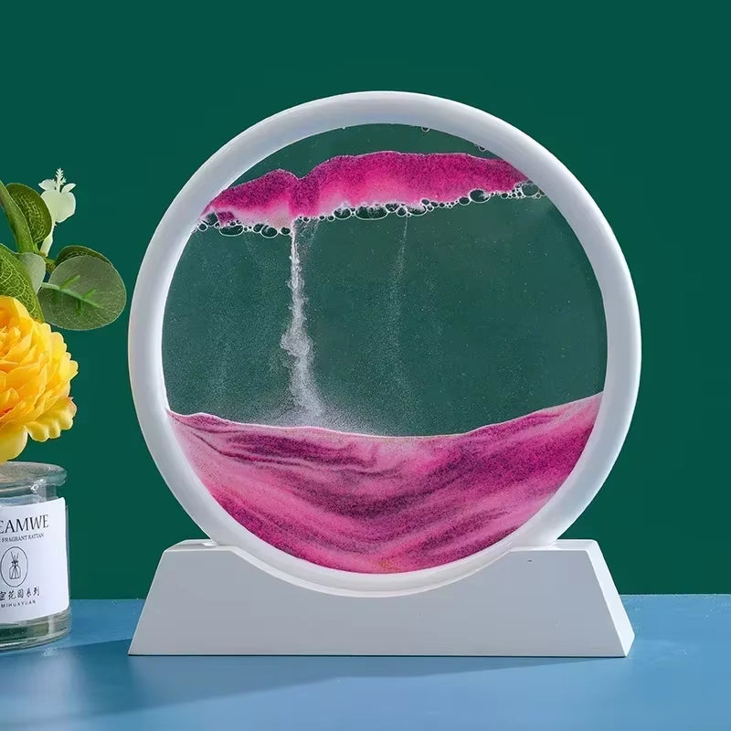 3D Moving Sand Art Picture - 7 Inch Round Glass Ocean Sandscape Hourglass Quick Sand Painting for Home Decor
