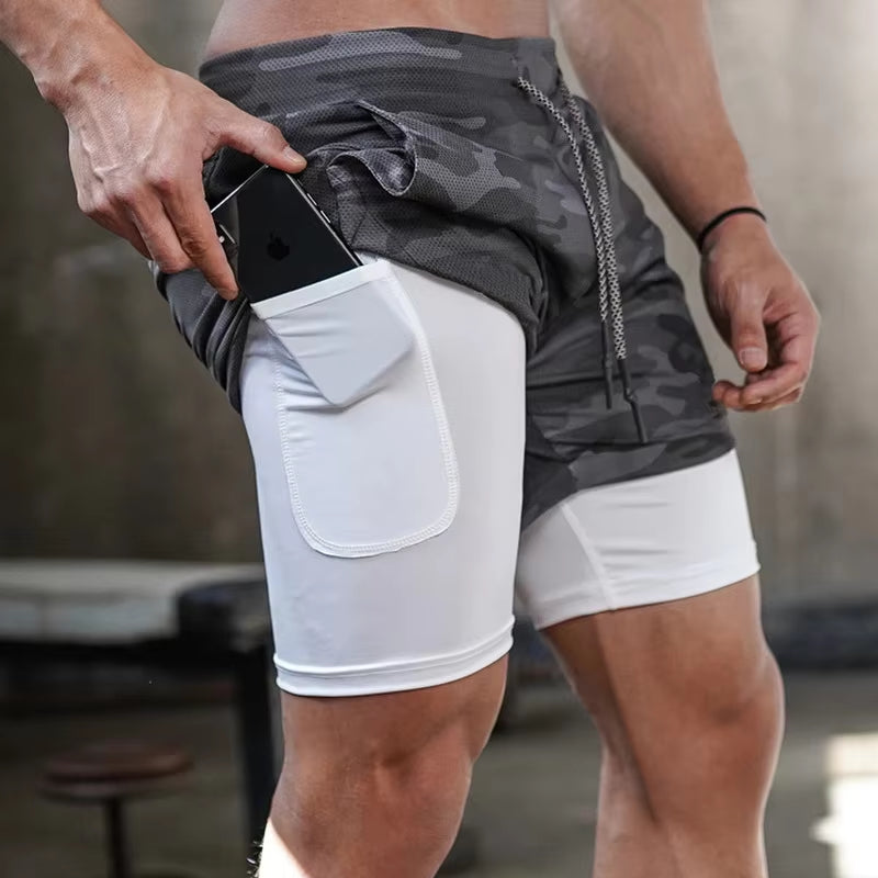 Men’s 2-in-1 Camo Running Shorts | Quick Dry Gym Fitness Workout Shorts