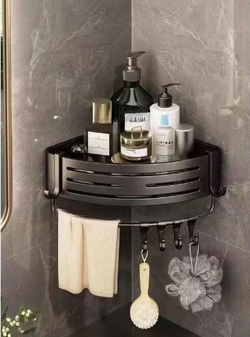 Shower Corner Shelf with Towel Bar – No-Drill Space Aluminum Bathroom Organizer with Hooks