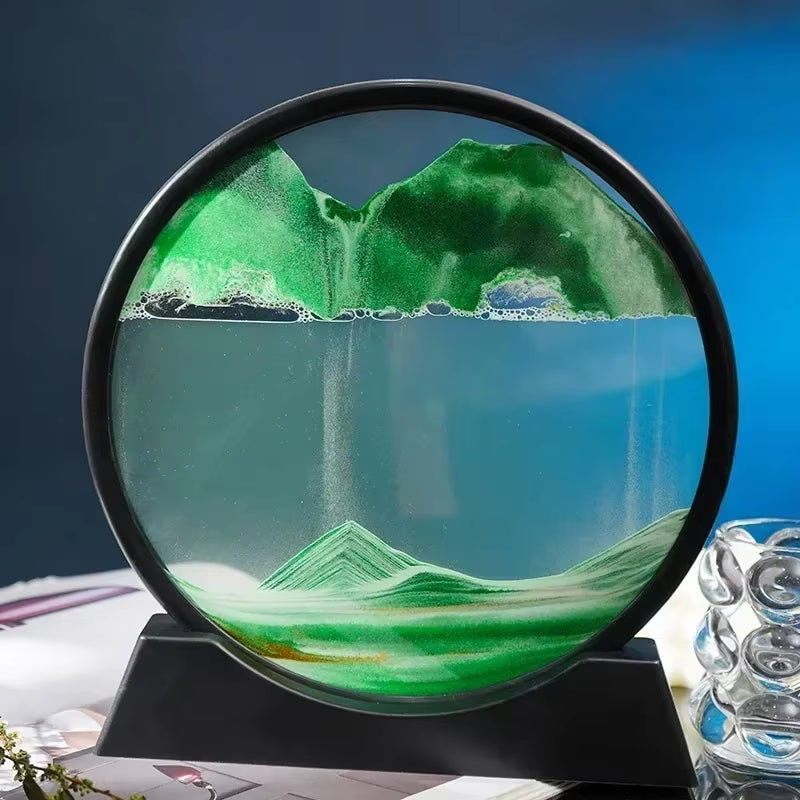3D Moving Sand Art Picture - 7 Inch Round Glass Ocean Sandscape Hourglass Quick Sand Painting for Home Decor