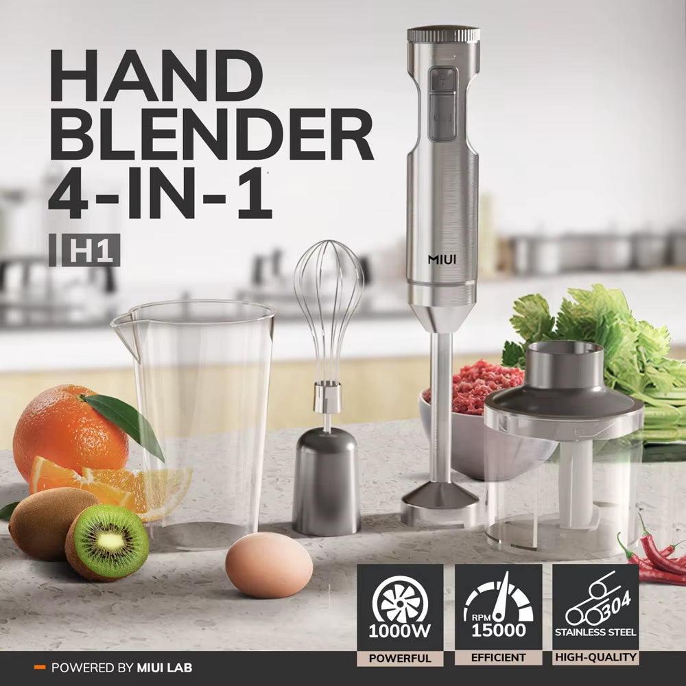 1000W Hand Immersion Blender – 4-in-1 Stainless Steel Stick Mixer with Whisk, 700ml Beaker & 500ml Chopper