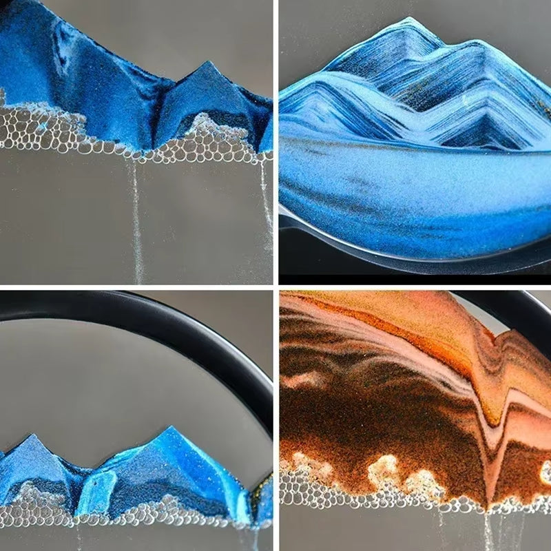 3D Moving Sand Art Picture - 7 Inch Round Glass Ocean Sandscape Hourglass Quick Sand Painting for Home Decor