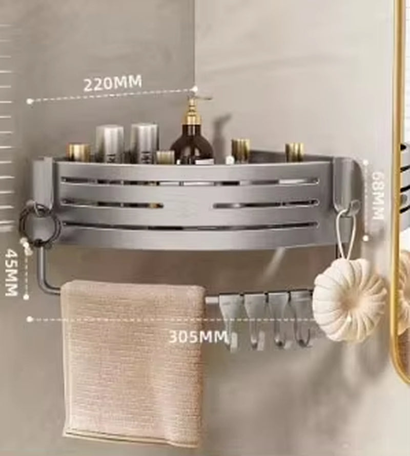 Shower Corner Shelf with Towel Bar – No-Drill Space Aluminum Bathroom Organizer with Hooks