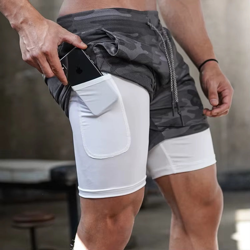 Men’s 2-in-1 Camo Running Shorts | Quick Dry Gym Fitness Workout Shorts