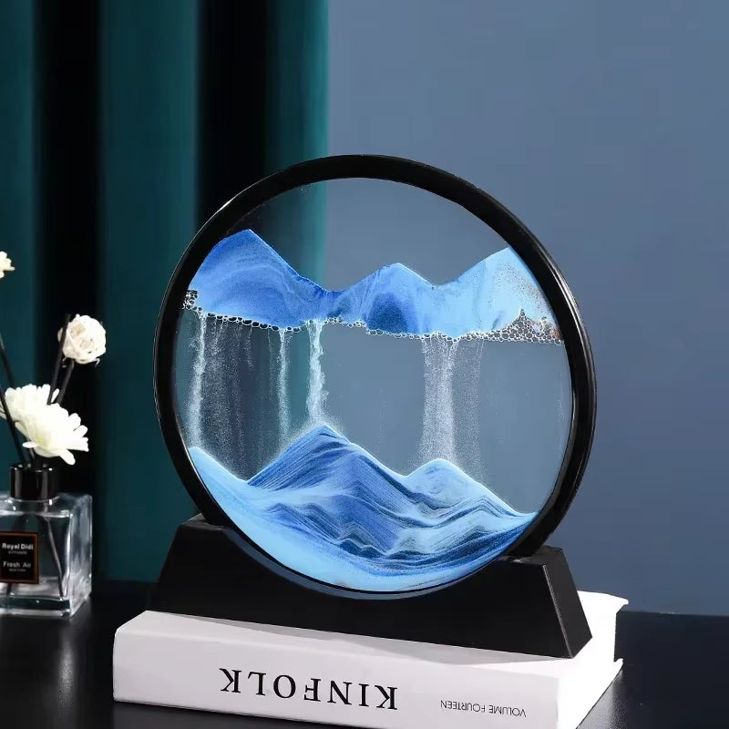 3D Moving Sand Art Picture - 7 Inch Round Glass Ocean Sandscape Hourglass Quick Sand Painting for Home Decor
