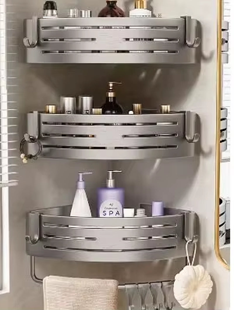 Shower Corner Shelf with Towel Bar – No-Drill Space Aluminum Bathroom Organizer with Hooks