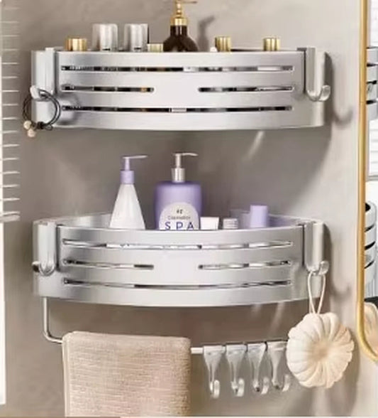 Shower Corner Shelf with Towel Bar – No-Drill Space Aluminum Bathroom Organizer with Hooks