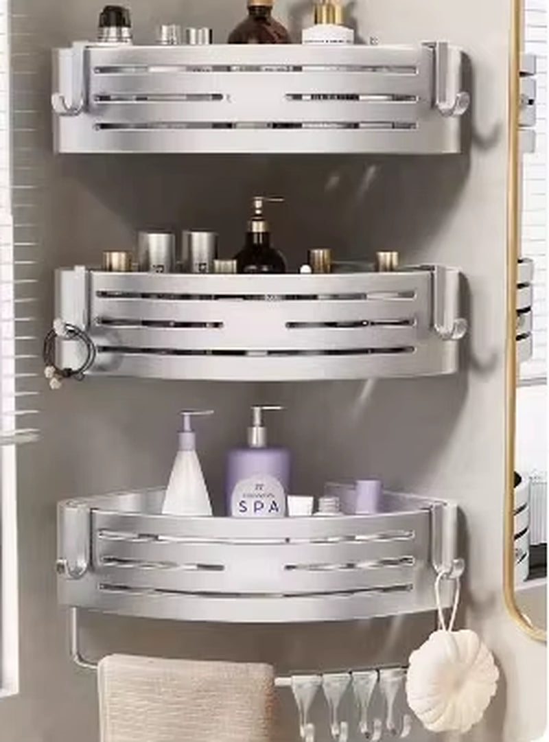 Shower Corner Shelf with Towel Bar Hook Space Aluminum Bathroom Shelf without Drilling Shampoo Holder Bathroom Accessorie