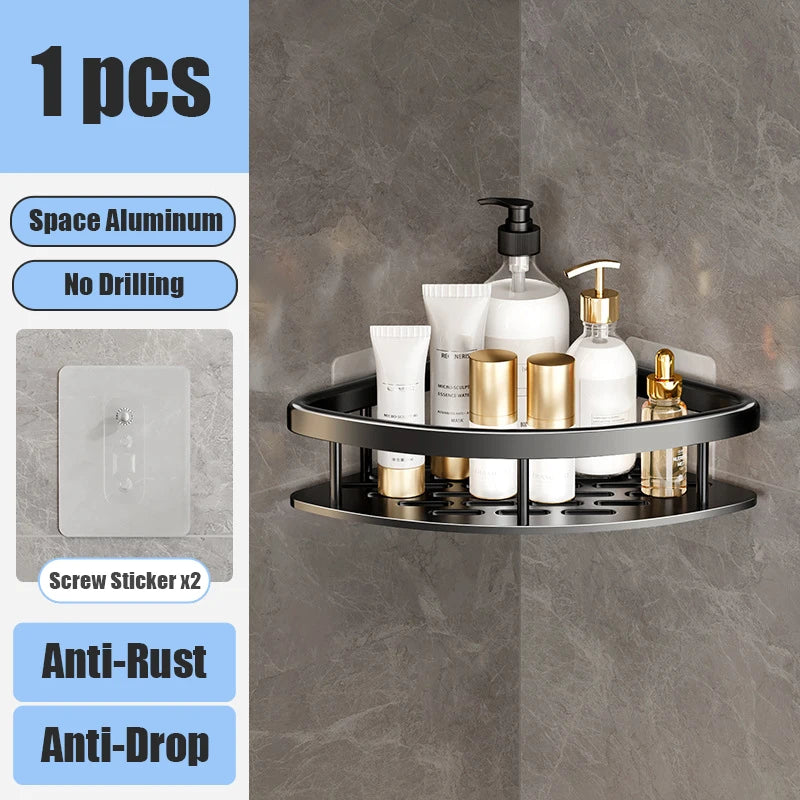 Aluminum Bathroom Shelf – No-Drill Wall-Mounted Shower Organizer for Shampoo and Makeup Storage