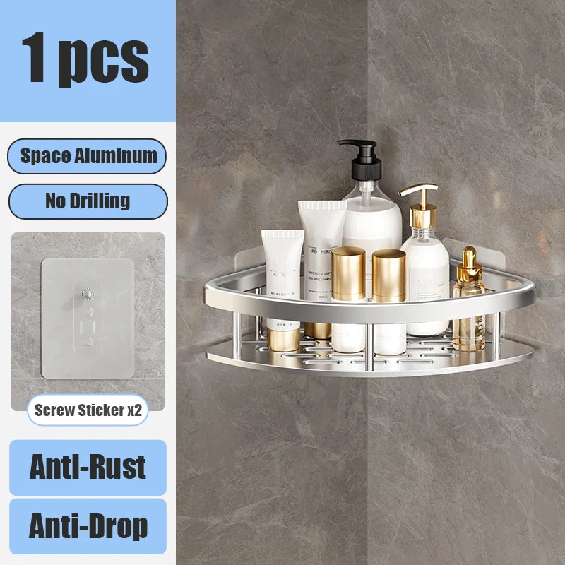 Aluminum Bathroom Shelf – No-Drill Wall-Mounted Shower Organizer for Shampoo and Makeup Storage