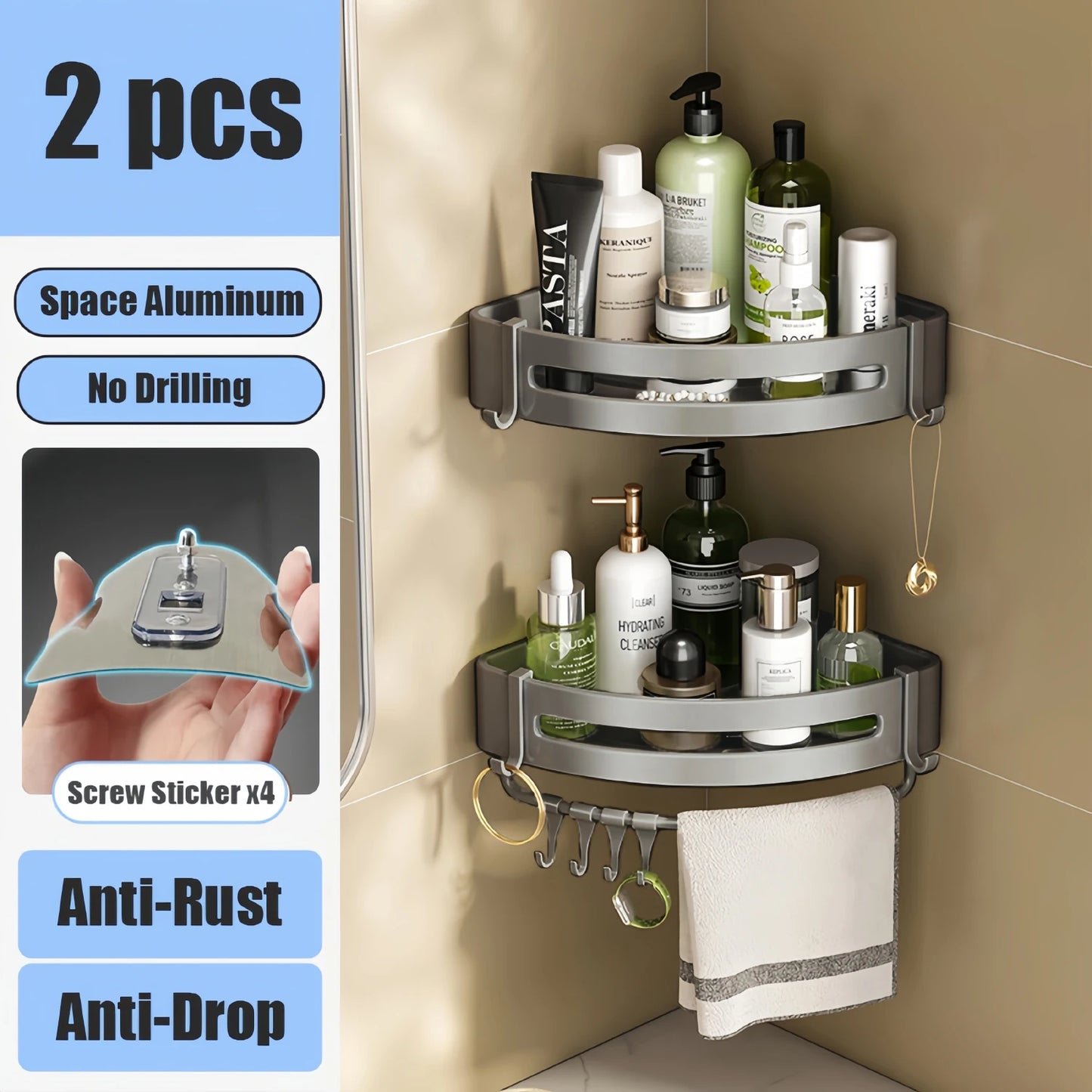 Aluminum Bathroom Shelf – No-Drill Wall-Mounted Shower Organizer for Shampoo and Makeup Storage