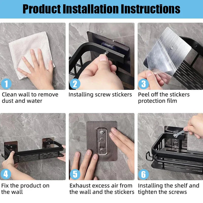 Aluminum Bathroom Shelf – No-Drill Wall-Mounted Shower Organizer for Shampoo and Makeup Storage