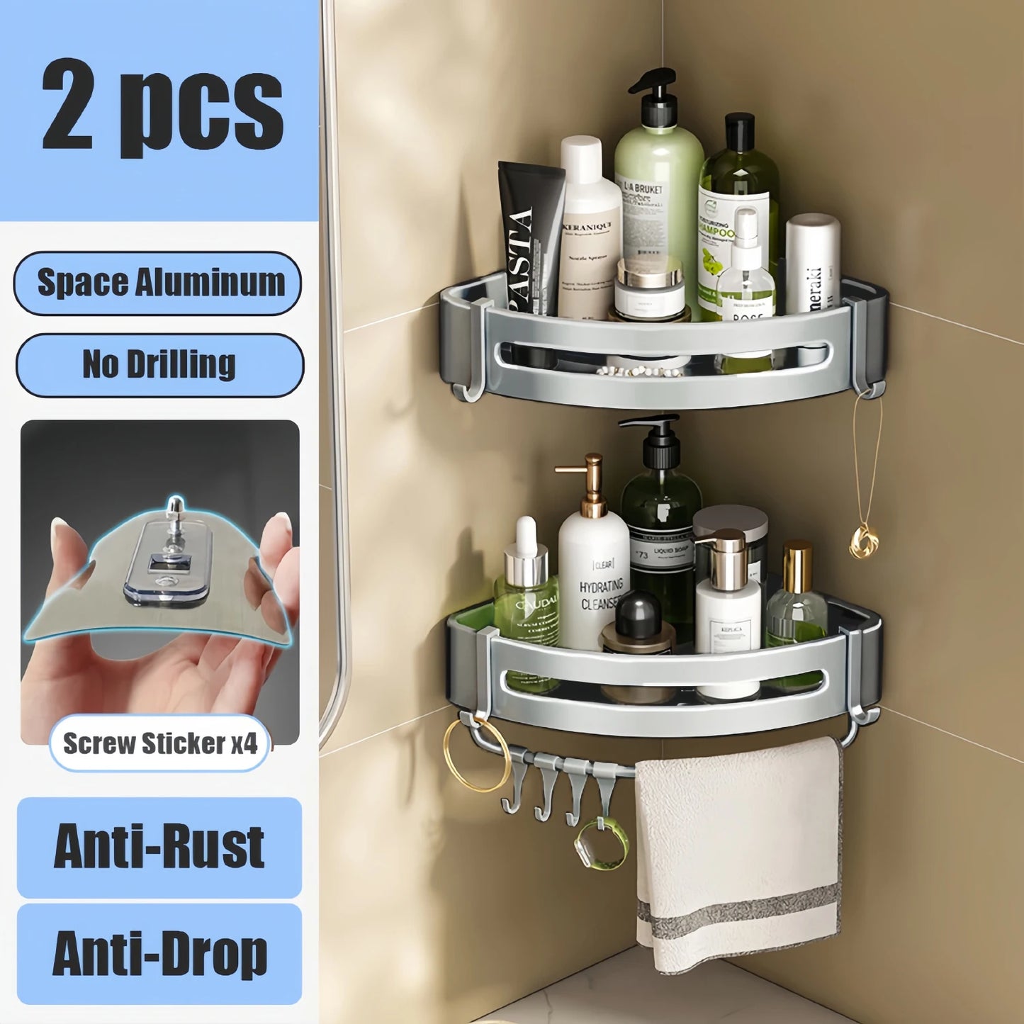 Aluminum Bathroom Shelf – No-Drill Wall-Mounted Shower Organizer for Shampoo and Makeup Storage
