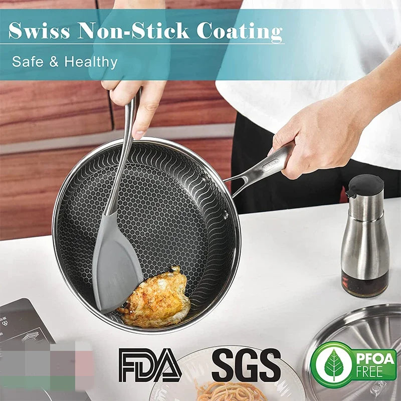 Stainless Steel Nonstick Frying Pan with Lid – Honeycomb Skillet for Induction, Gas & Electric Cooktops