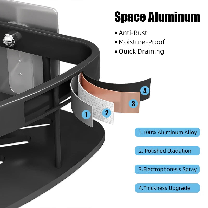Aluminum Bathroom Shelf – No-Drill Wall-Mounted Shower Organizer for Shampoo and Makeup Storage
