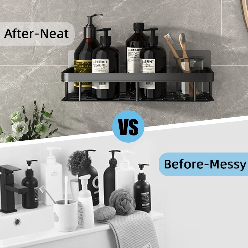 Aluminum Bathroom Shelf – No-Drill Wall-Mounted Shower Organizer for Shampoo and Makeup Storage