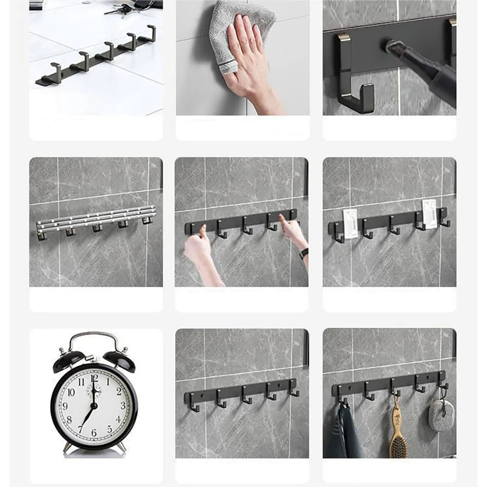Wall Mounted Coat Rack with Black Hooks – Heavy Duty Towel & Robe Hanger for Bathroom, Kitchen & Entryway