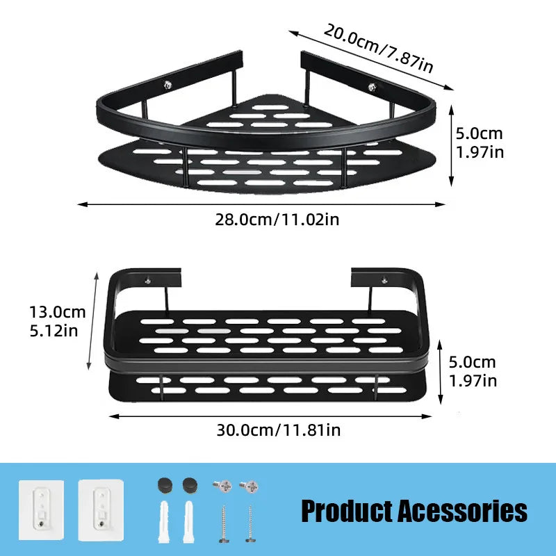 Aluminum Bathroom Shelf – No-Drill Wall-Mounted Shower Organizer for Shampoo and Makeup Storage