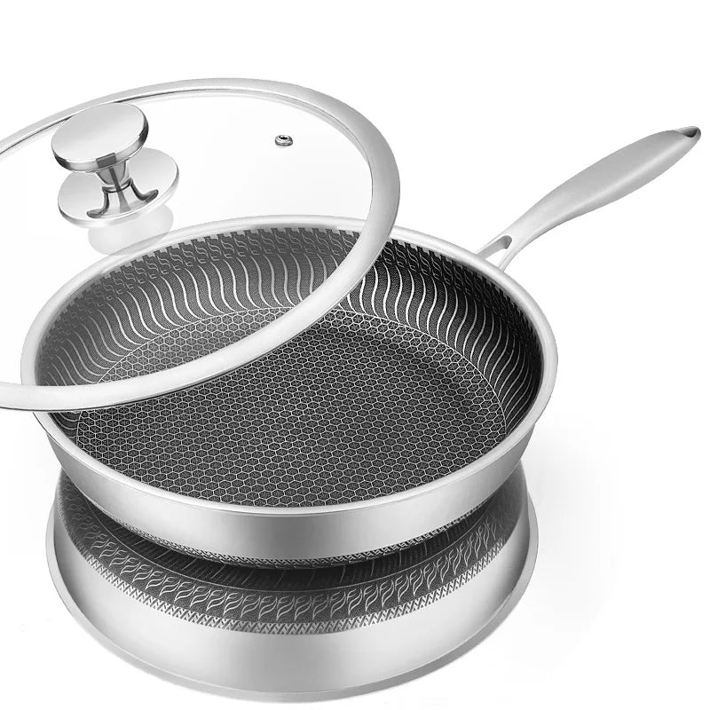 Stainless Steel Nonstick Frying Pan with Lid – Honeycomb Skillet for Induction, Gas & Electric Cooktops