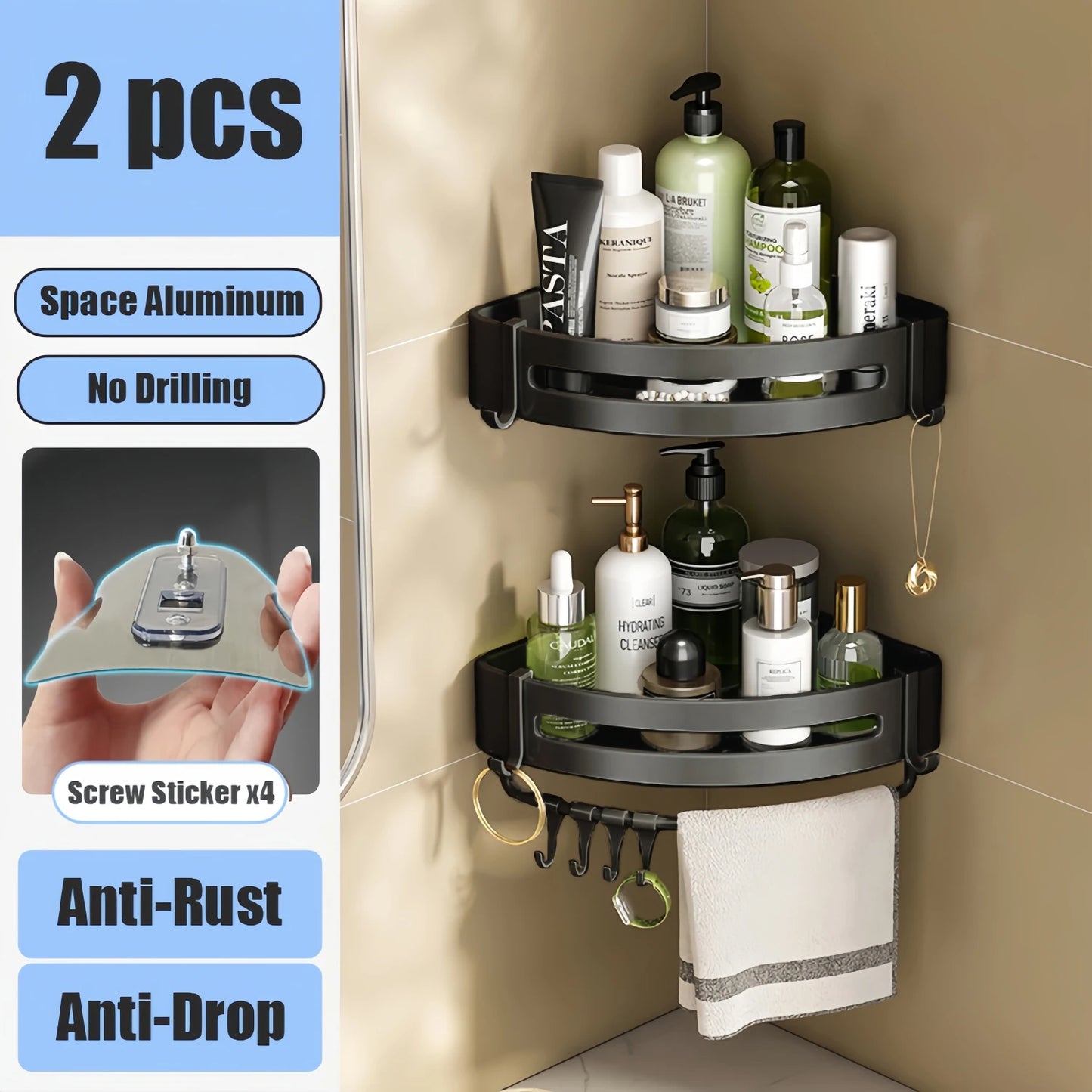 Aluminum Bathroom Shelf – No-Drill Wall-Mounted Shower Organizer for Shampoo and Makeup Storage
