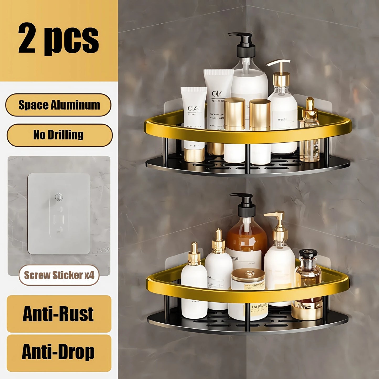 Aluminum Bathroom Shelf – No-Drill Wall-Mounted Shower Organizer for Shampoo and Makeup Storage