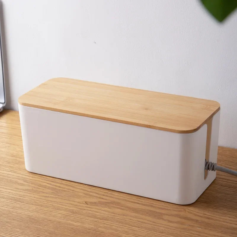 Elegant Bamboo Cable Management Box with Wire Organizer and Power Cord Storage for Desk, Home, or Office