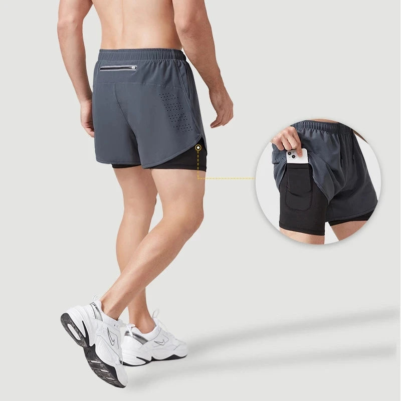 Men’s Quick-Dry Double Layer Running and Training Shorts Black Fitness Workout Gym Shorts