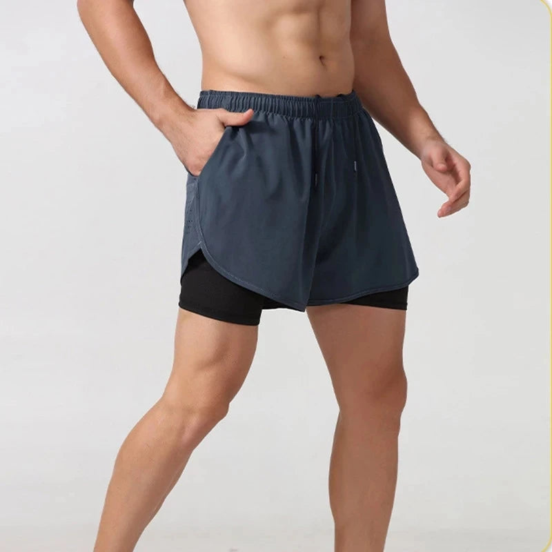 Men’s Quick-Dry Double Layer Running and Training Shorts Black Fitness Workout Gym Shorts
