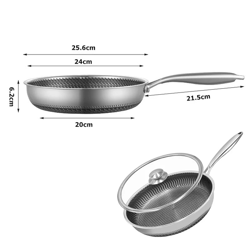 Stainless Steel Nonstick Frying Pan with Lid – Honeycomb Skillet for Induction, Gas & Electric Cooktops