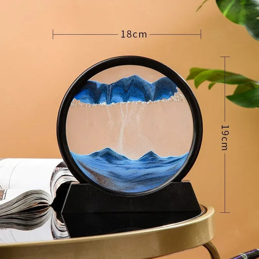 3D Moving Sand Art Picture - 7 Inch Round Glass Ocean Sandscape Hourglass Quick Sand Painting for Home Decor
