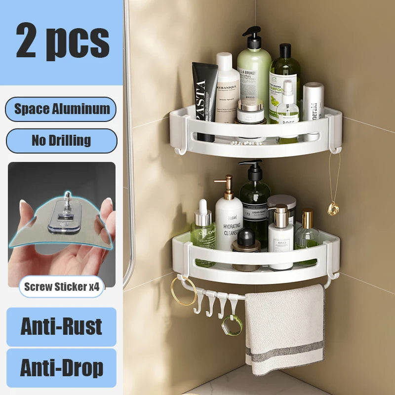 Aluminum Bathroom Shelf – No-Drill Wall-Mounted Shower Organizer for Shampoo and Makeup Storage