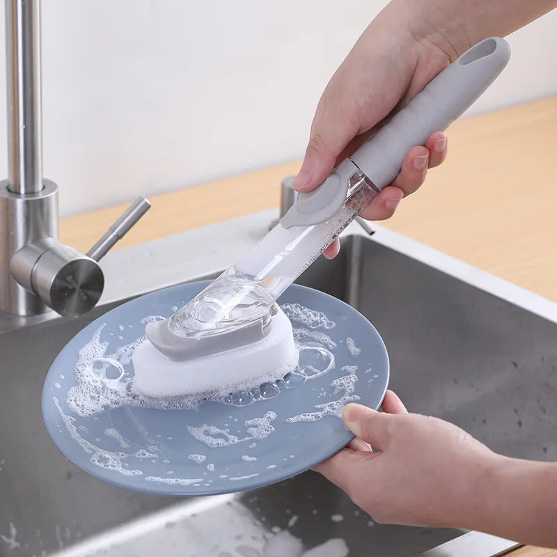 2-in-1 Long Handle Dishwashing Brush with Removable Sponge and Soap Dispenser – Kitchen Cleaning Tool