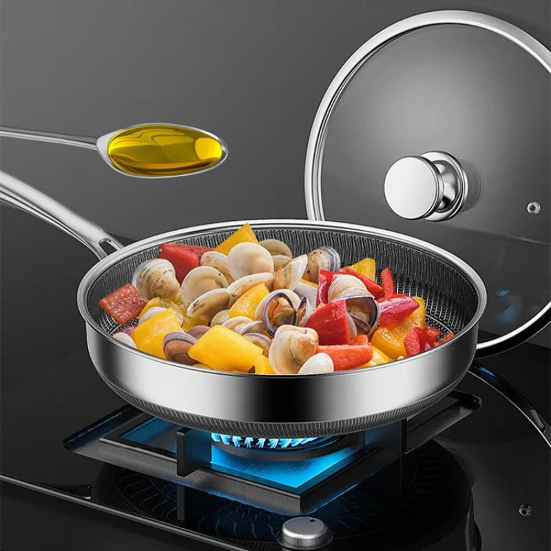 Stainless Steel Nonstick Frying Pan with Lid – Honeycomb Skillet for Induction, Gas & Electric Cooktops