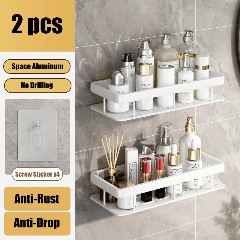 Aluminum Bathroom Shelf – No-Drill Wall-Mounted Shower Organizer for Shampoo and Makeup Storage