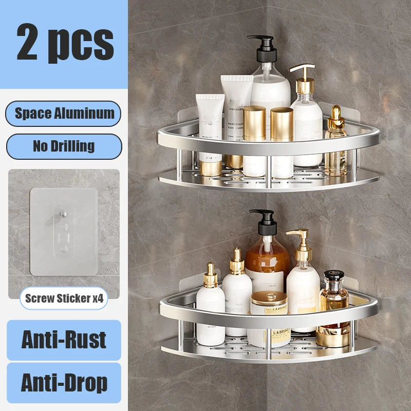 Aluminum Bathroom Shelf – No-Drill Wall-Mounted Shower Organizer for Shampoo and Makeup Storage