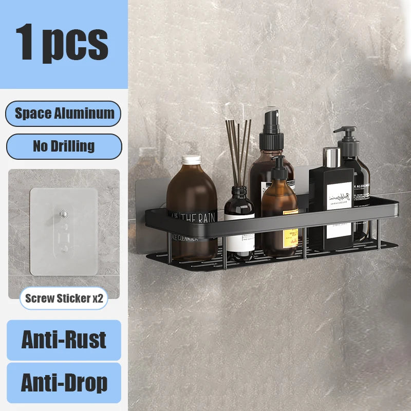 Aluminum Bathroom Shelf – No-Drill Wall-Mounted Shower Organizer for Shampoo and Makeup Storage