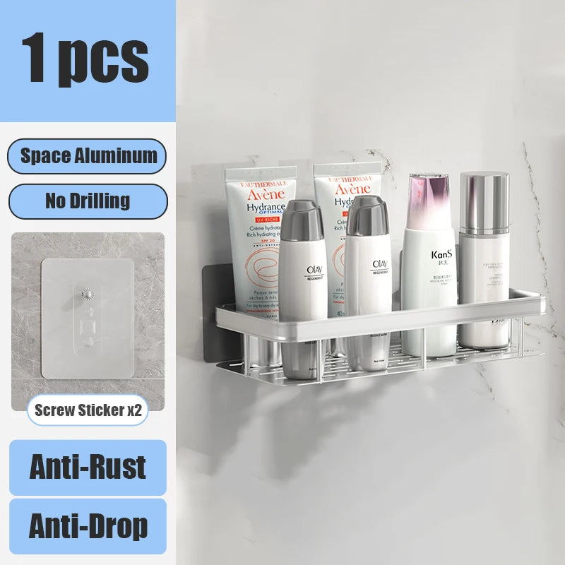 Aluminum Bathroom Shelf – No-Drill Wall-Mounted Shower Organizer for Shampoo and Makeup Storage
