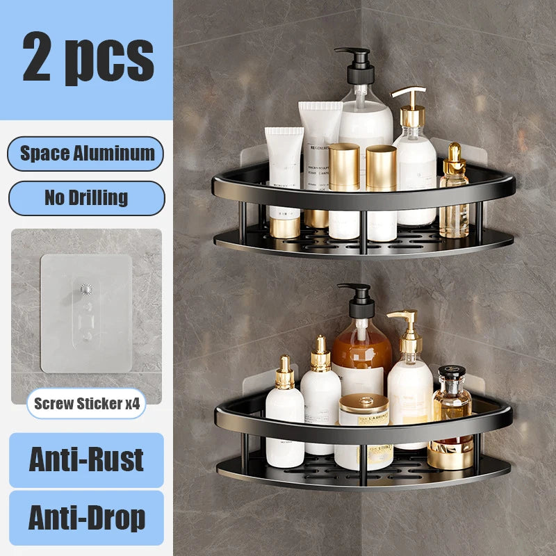 Aluminum Bathroom Shelf – No-Drill Wall-Mounted Shower Organizer for Shampoo and Makeup Storage