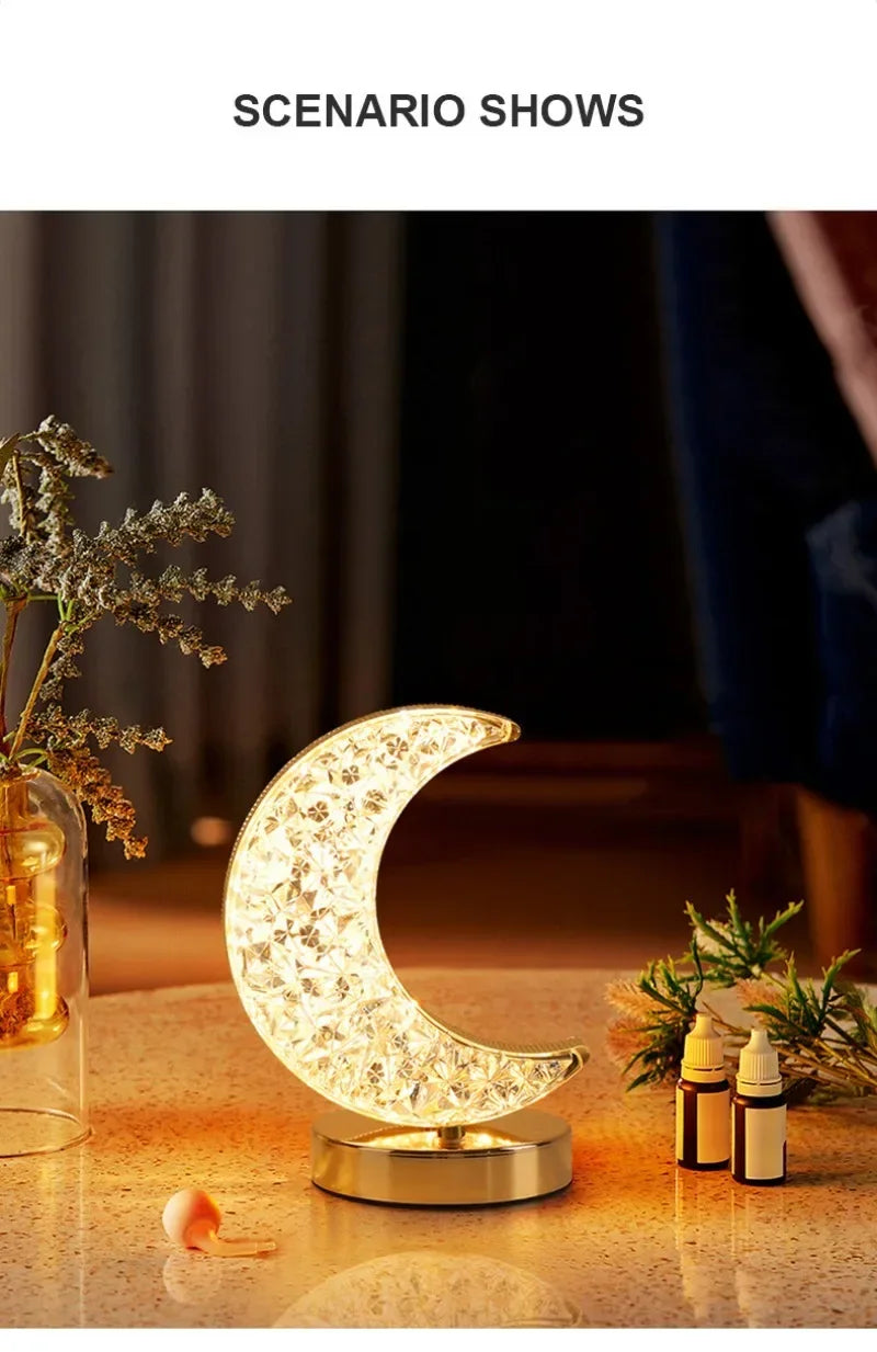 Bedroom Crystal Touch Dimming Night Light Girls Room Home Decor Aesthetics USB Bedside LED Ambient Table 3D Moon Lamp