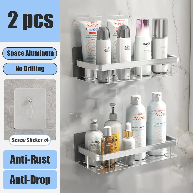 Aluminum Bathroom Shelf – No-Drill Wall-Mounted Shower Organizer for Shampoo and Makeup Storage