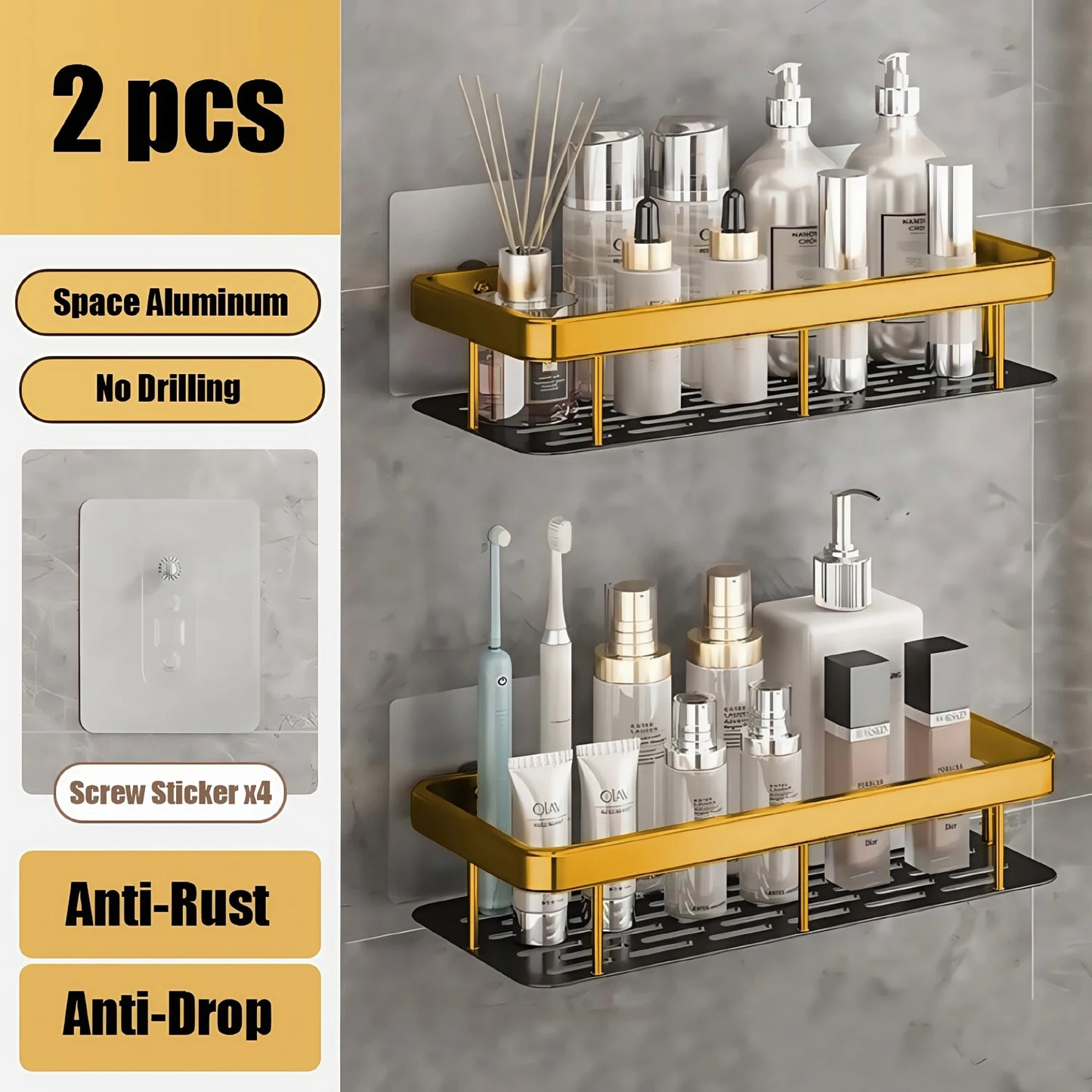 Aluminum Bathroom Shelf – No-Drill Wall-Mounted Shower Organizer for Shampoo and Makeup Storage