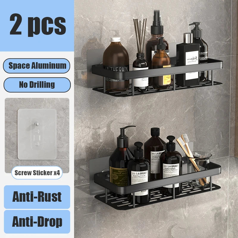 Aluminum Bathroom Shelf – No-Drill Wall-Mounted Shower Organizer for Shampoo and Makeup Storage