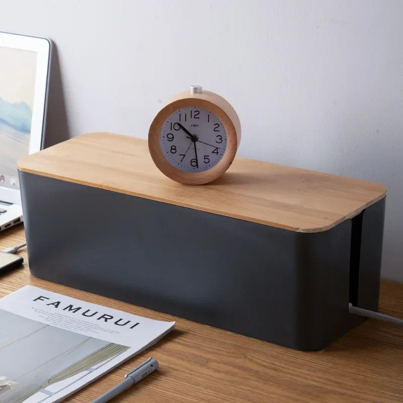 Elegant Bamboo Cable Management Box with Wire Organizer and Power Cord Storage for Desk, Home, or Office