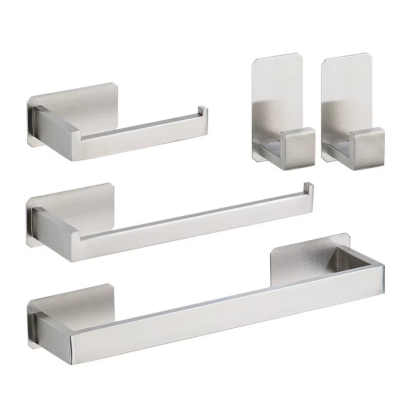 Self-Adhesive Silver Bathroom Hardware Kit Stainless Steel Toilet Paper Holder Towel Bar Towel Holder Hook Bathroom Accessories