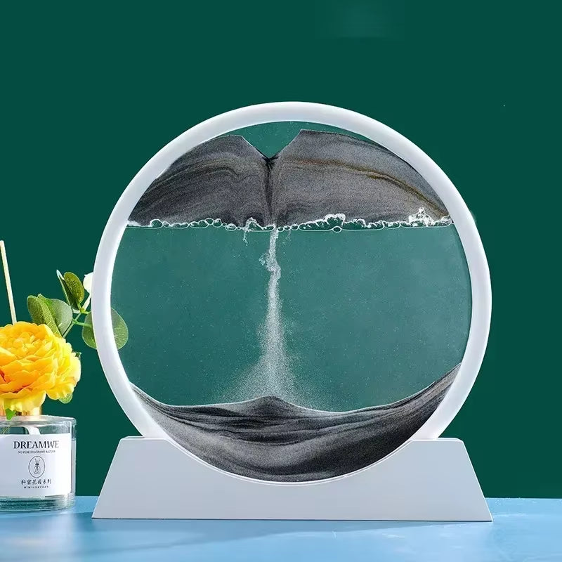 3D Moving Sand Art Picture - 7 Inch Round Glass Ocean Sandscape Hourglass Quick Sand Painting for Home Decor