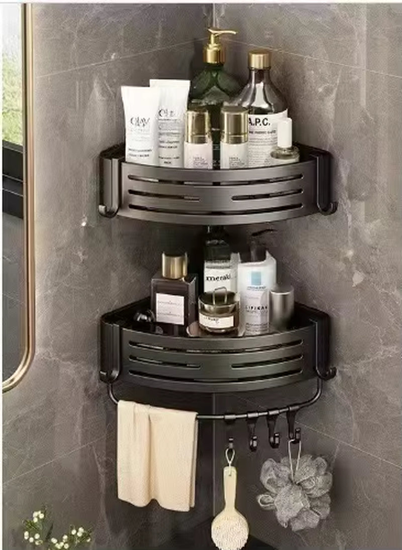 Shower Corner Shelf with Towel Bar – No-Drill Space Aluminum Bathroom Organizer with Hooks