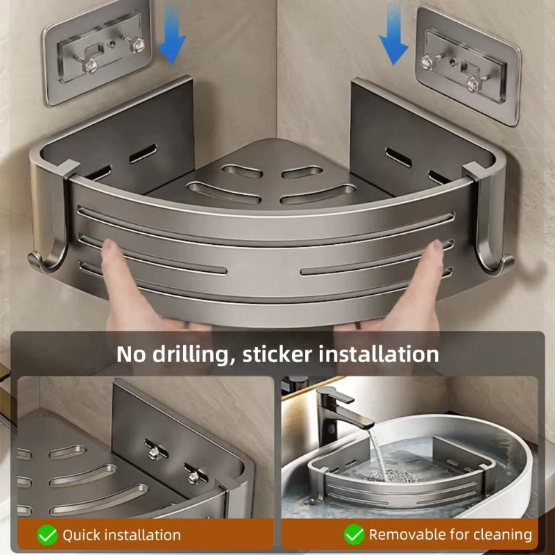Shower Corner Shelf with Towel Bar Hook Space Aluminum Bathroom Shelf without Drilling Shampoo Holder Bathroom Accessorie
