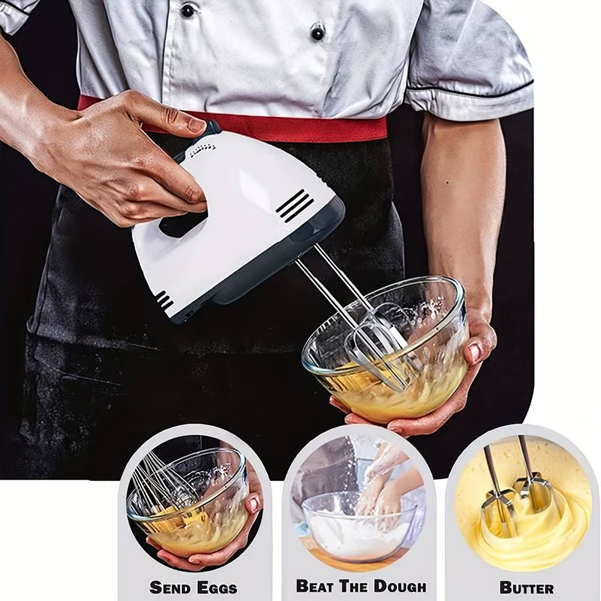 Handheld Electric Egg Beater, Household Automatic Mixer, Egg White and Cream Beater, Mini 7-Speed White