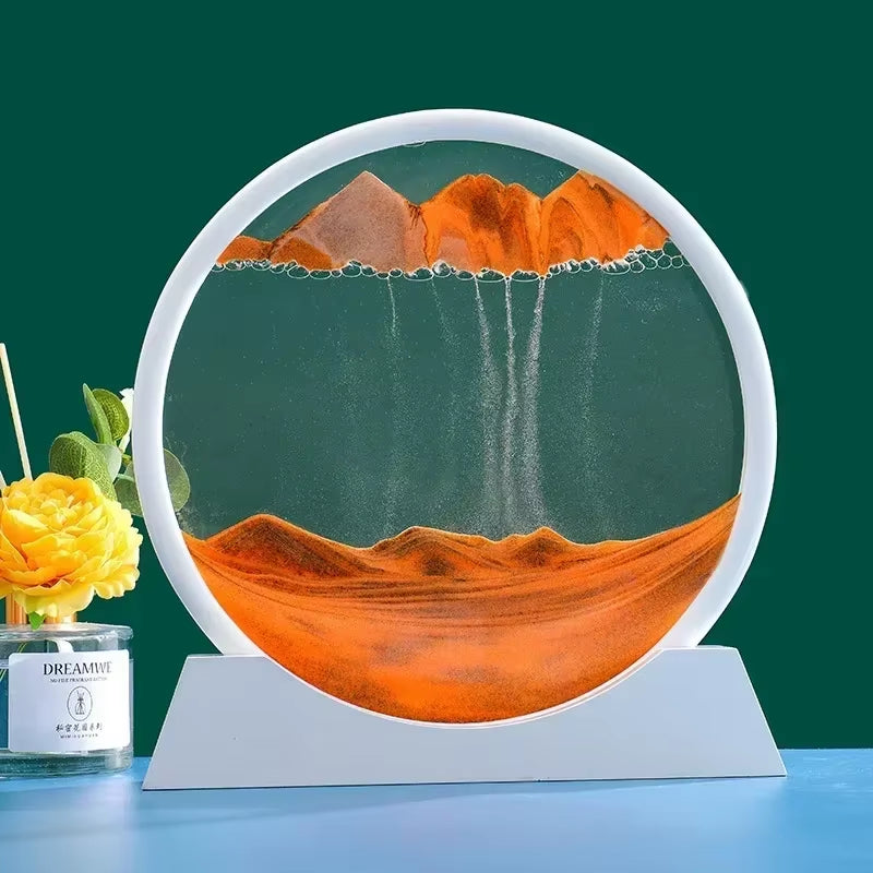 3D Moving Sand Art Picture - 7 Inch Round Glass Ocean Sandscape Hourglass Quick Sand Painting for Home Decor